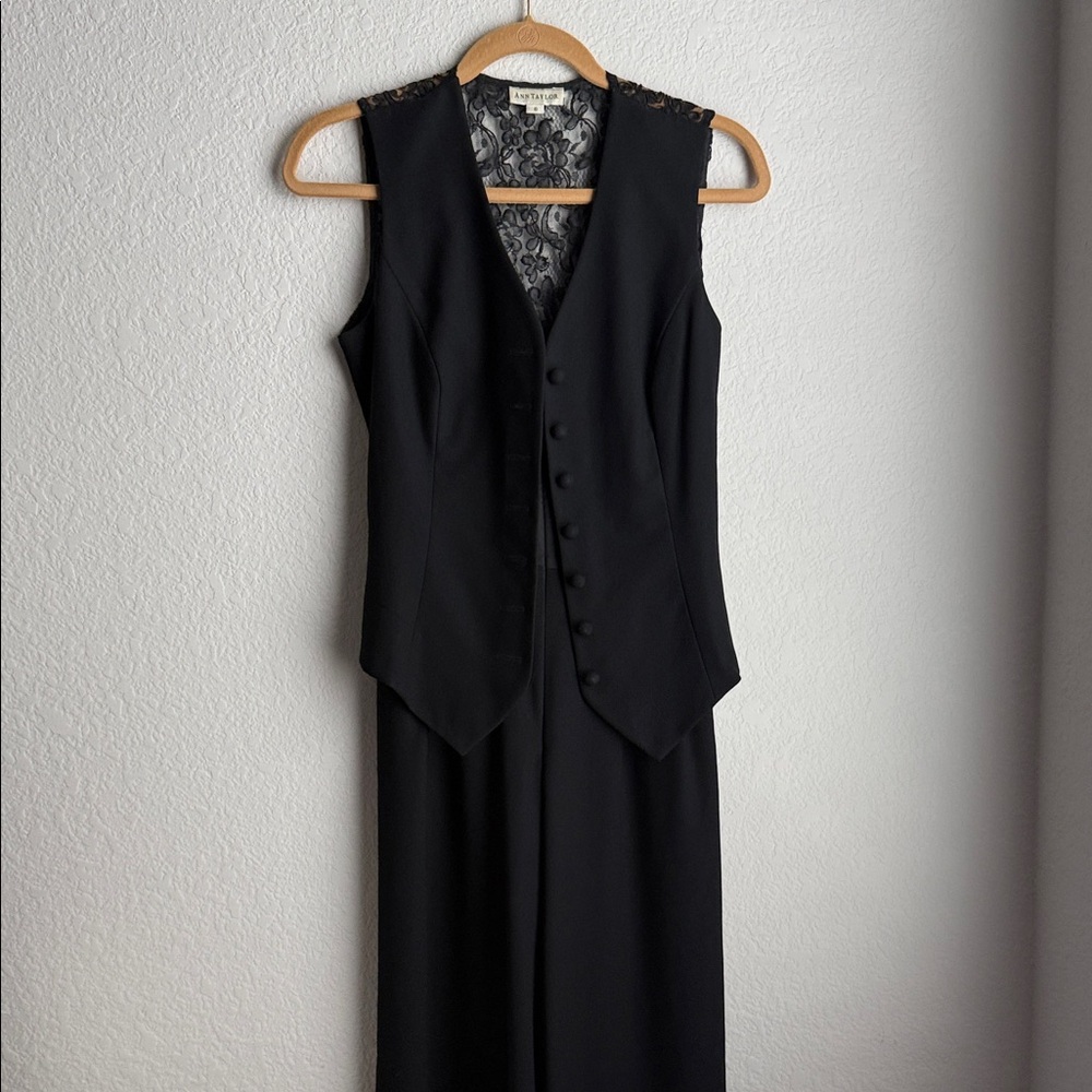 Vintage Ann Taylor Black Pantsuit - Lace Bodice, Button Front